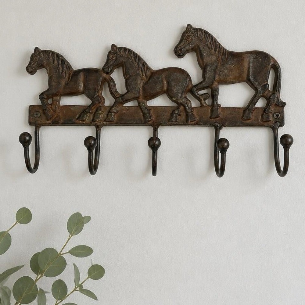 Horse Wall Hook Rack Brown Cast Iron Western Farmhouse Rustic Decor 11in